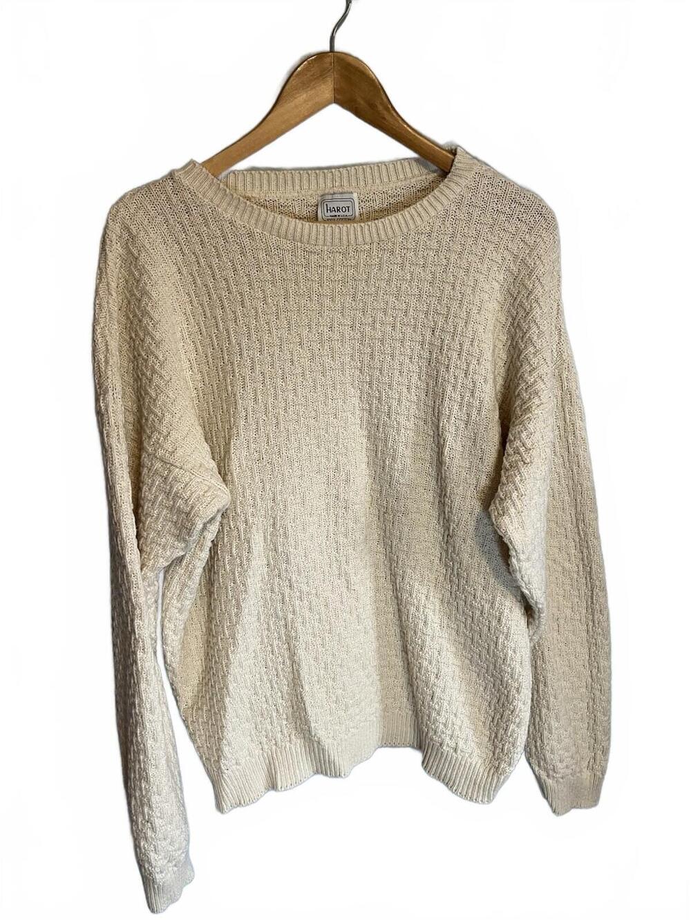 Vintage Harot Waffle Weave Cotton Ivory Cream Preppy XL 90s Sweater Crewneck USA